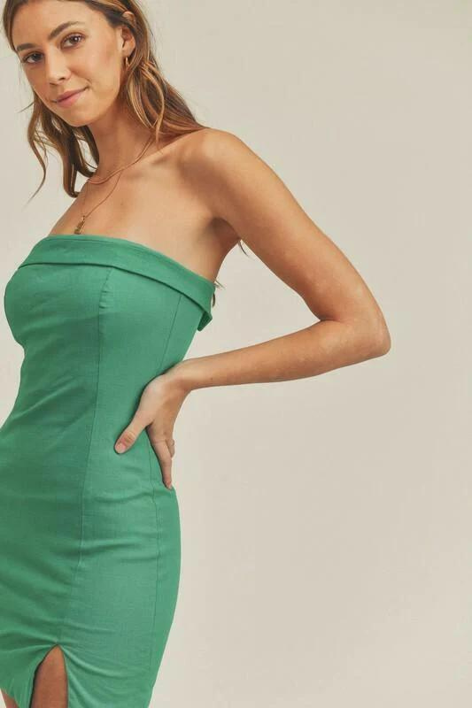 Foldover Linen Mini Dress - Green